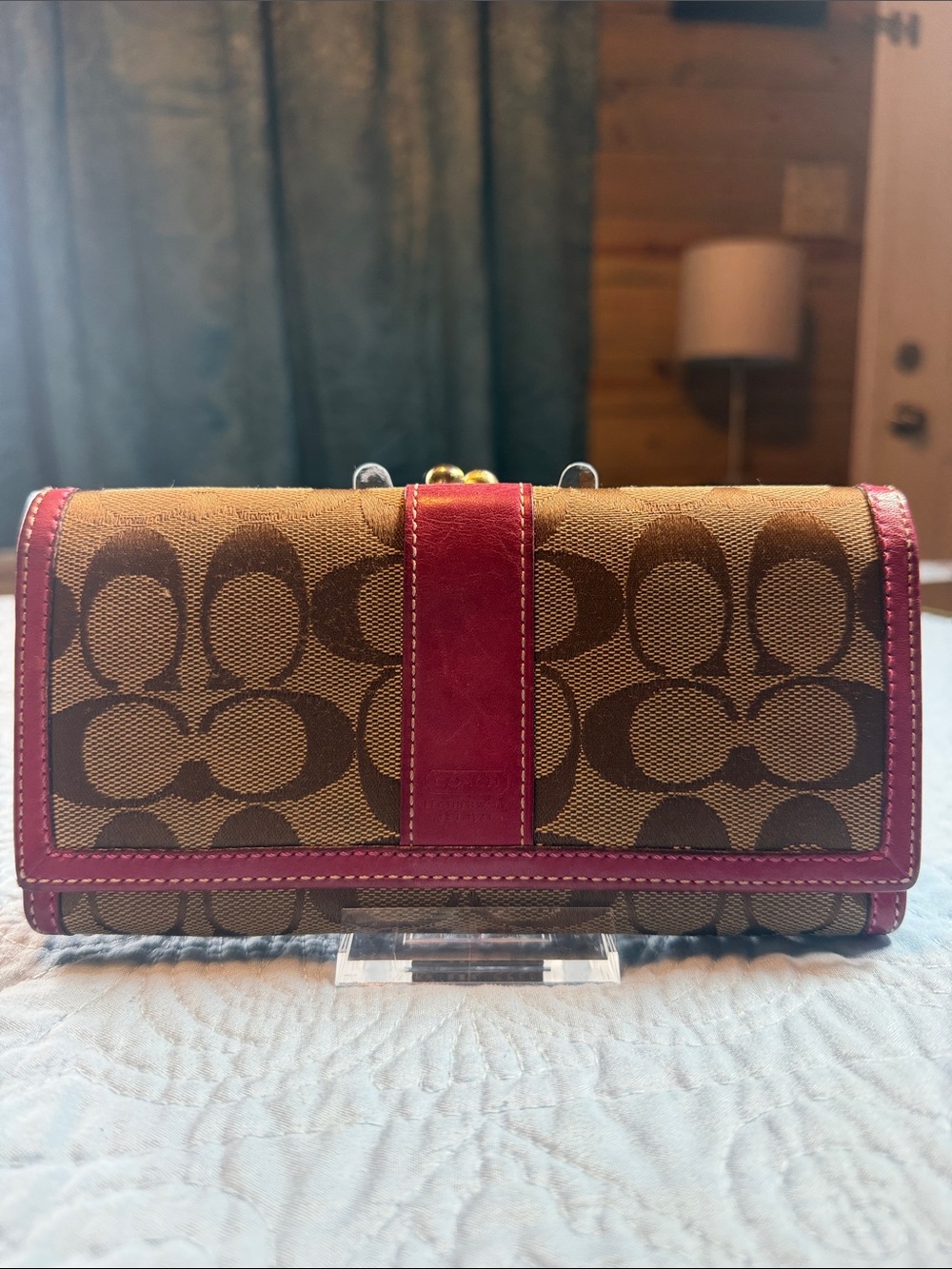 Coach Brown Signature Canvas Wallet with Pink Leather Trim